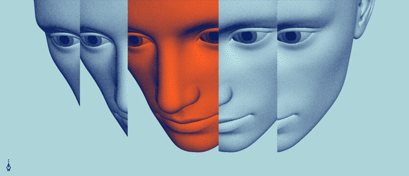 Man's face looking down. Abstract digital human head. Reflection and splitting. Color accent on the central face. Vector illustration for brochure, poster, cover, card, presentation, flyer or banner.