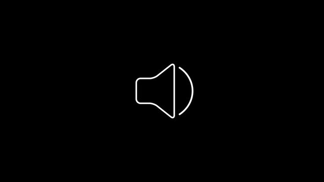 White speaker icon with sound waves animation on black background, minimalist audio symbol for volume control and graphic design.
