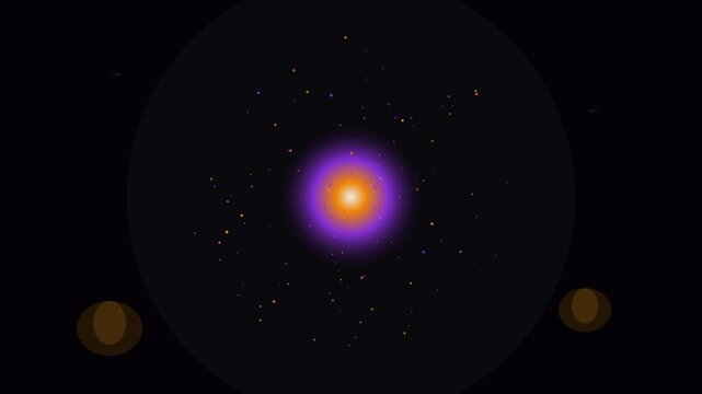 Glowing purple orbs repeat on a dark cosmic background