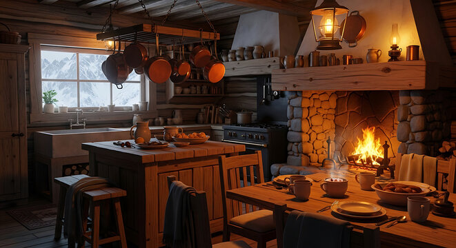 Rustic mountain cabin kitchen with dining table and fireplace background full hd download 2025 2026