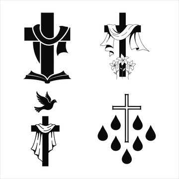 Christian cross religious symbols collection with bible dove and water drops