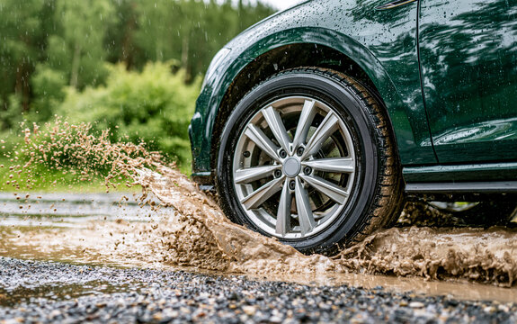 Car tire driving through muddy puddle on wet road