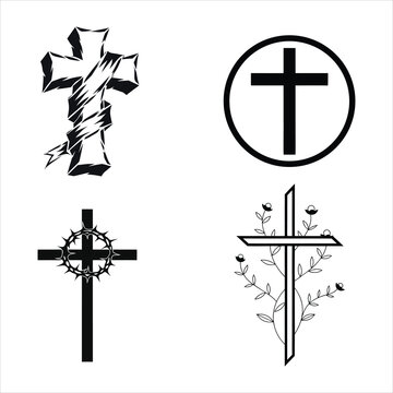 Christian cross vector set featuring crown of thorns and floral elements