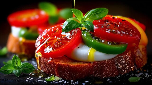Drizzling olive oil on a gourmet bruschetta with fresh tomato, mozzarella, and basil. Food preparation for healthy appetizer.