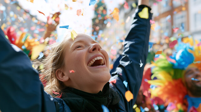 Joyful Young Woman Celebrating Life During The Colorful Aalborg Carnival Festive Street Parade
