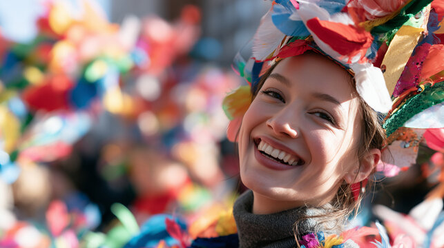 Happy Young Woman Celebrating at the Vibrant and Colorful Annual Aalborg Carnival Street Parade