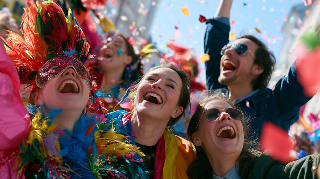 Excited Group of Young Friends Celebrating Together at the Annual Vibrant Aalborg Carnival Event