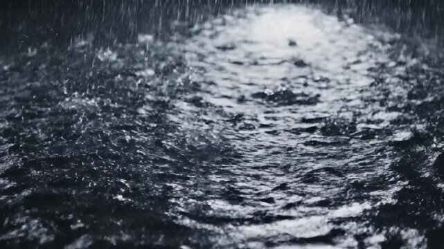 Heavy rain falling on dark water surface creates ripples and splashes under moon lighting.