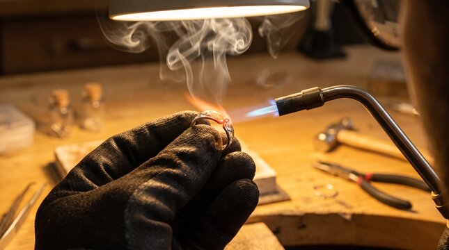 Professional jeweler soldering gold ring with blowtorch, goldsmith workshop with smoke and flame, jewelry making process