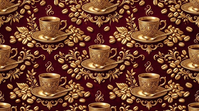 Luxury baroque seamless pattern with golden coffee cups, saucers, spoons, and coffee beans on deep burgundy red background