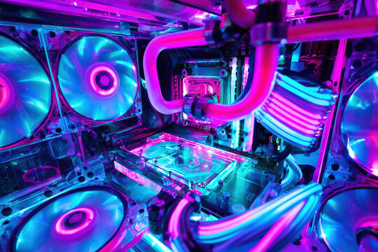 Insanely detailed close-up of extreme cyberpunk PC build, custom water-cooled system in transparent case, glowing neon magenta cyan violet tubes, RGB fans motion blur
