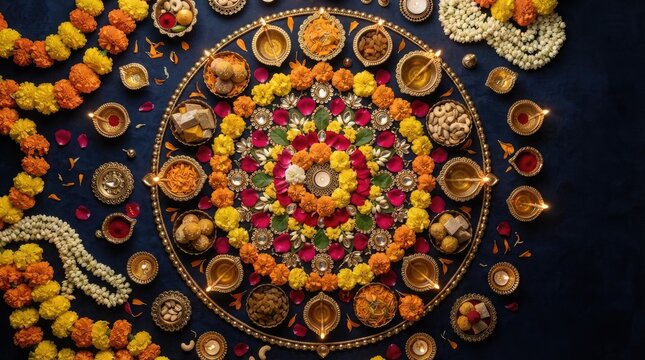 Top view of a beautiful diwali rangoli decoration with marigold flowers, lit diyas, and traditional indian sweets on a dark blue background, celebrating the festival of lights