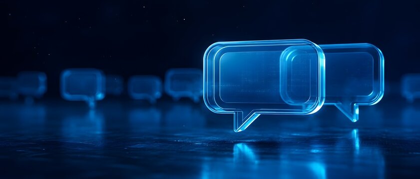 Digital communication and online chat concept. Glowing blue transparent speech bubble icon on dark high tech background with reflection.