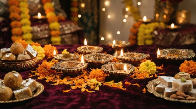 Traditional diwali celebration with lit clay diyas, marigold flowers, and indian sweets like laddu and barfi on a dark velvet cloth background