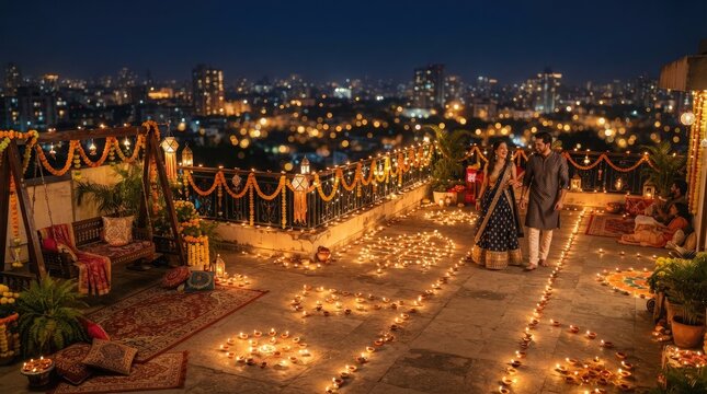 A couple walking on a rooftop terrace decorated with diyas and marigold garlands during diwali festival at night with a blurred city skyline in the background
