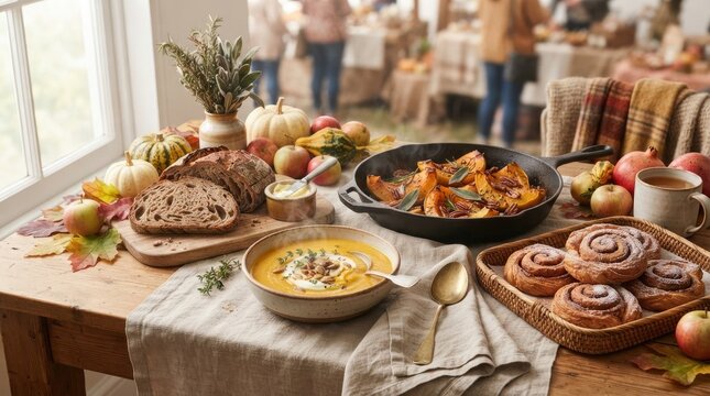 Cozy autumn table setting with pumpkin soup, roasted squash, fresh bread, and cinnamon rolls for a festive fall harvest meal