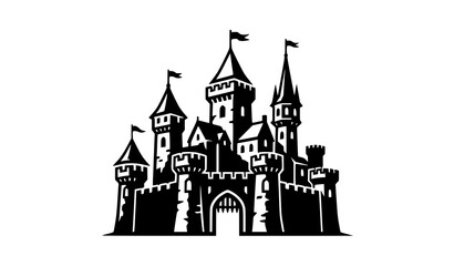 Fototapeta premium Royal Medieval Castle Multiple Towers Flags Bold Black Silhouette Vector Emblem