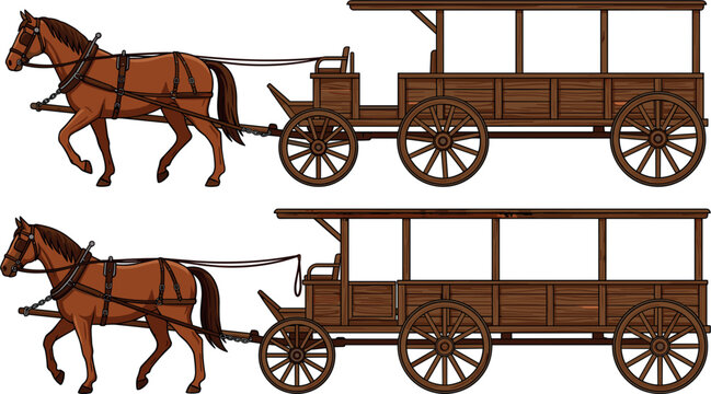 Vintage wooden horse drawn carriage and stagecoach set with harness vector illustration isolated on white background historical western transport graphic elements