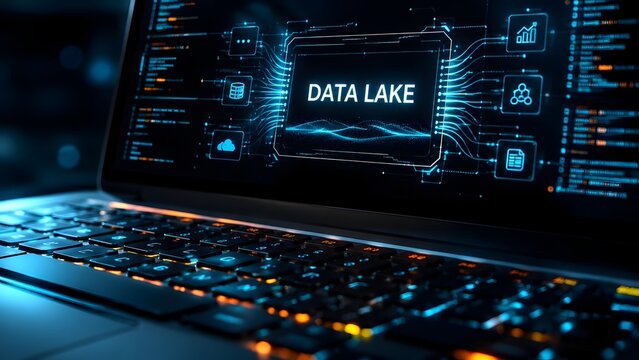 Laptop displaying a Data Lake interface in a dark high tech server room. Big data storage, cloud computing and digital information architecture concept.