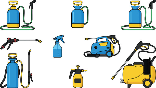 Pressure washer and garden sprayer set with chemical compression spray bottles high pressure cleaner machine vector illustration isolated on white background equipment collection