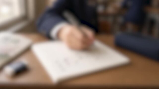 学校の制服を着てノートに文字を書く日本の学生の手元