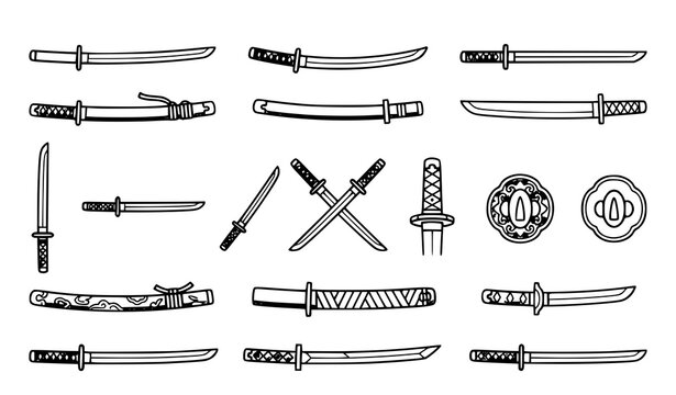 Minimal katana sword icons, Japanese samurai weapon cartoon vector collection