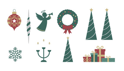 Fototapeta premium Assortment of classic christmas ornaments including a wreath and gift boxes provides festive elements for holiday designs.