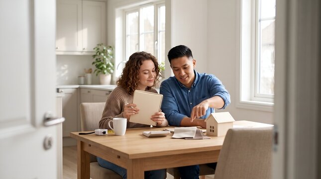 First time homebuyer planning with young couple discussing property purchase and household finances, mortgage preparation, savings goals, real estate decision, insurance, budgeting, and ownership