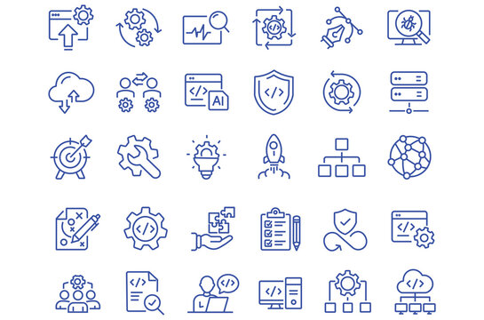 Development Web Icon Set in Linear Style. Collection of DevOps line icons, including growth, workflow testing, integration, startup, concept, idea, strategy, innovation, vision, marketing and more