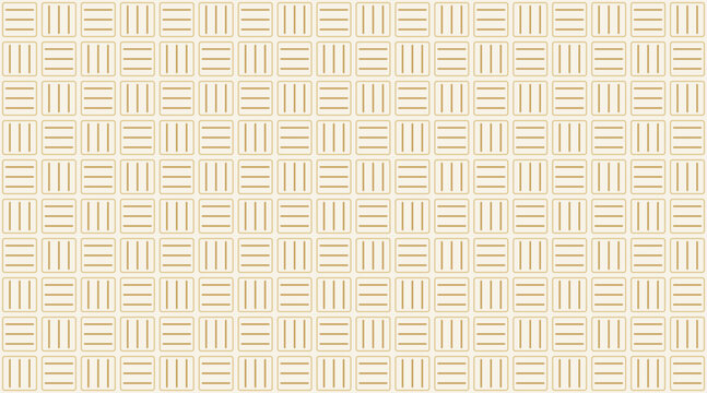 Seamless geometric pattern of square tiles with alternating three vertical and three horizontal lines in soft gold and white color palette