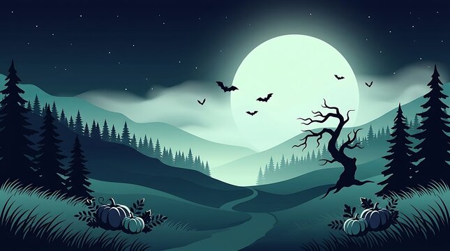 A spooky halloween landscape featuring a giant full moon over a dark forest with silhouettes of flying bats and trees