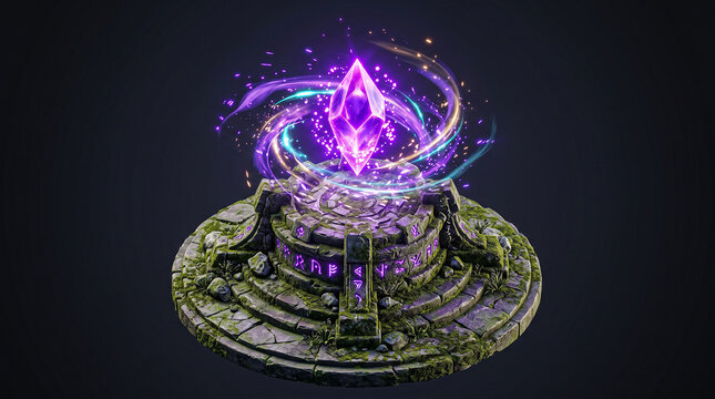 3D Isometric Floating Purple Mana Crystal Above Ancient Mossy Stone Altar with Magic Glowing Runes