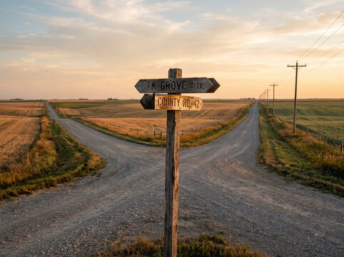 Dirt road intersection with a wooden signpost in a rural landscape. Fork in the road surrounded by harvested fields at golden hour. Concept of choice and direction