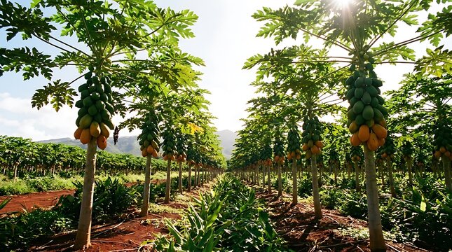 Expansive tropical papaya plantation bathed in golden sunlight, with neat rows of trees laden with ripening fruit, representing sustainable agriculture and the rich bounty of nature