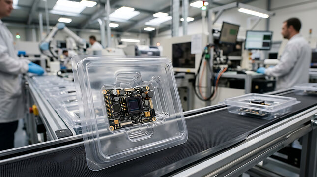 Clear plastic packaging holding an intricate electronic circuit board on a factory production line.
