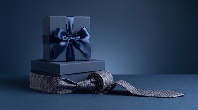 Elegant navy blue gift box with satin ribbon, luxury mens necktie on dark background, sophisticated fathers day present concept