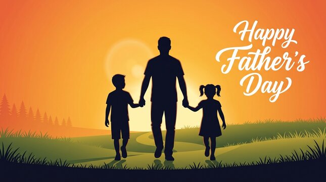 Happy Father's Day greeting card, silhouette of father walking with children at sunset, family bonding in nature landscape