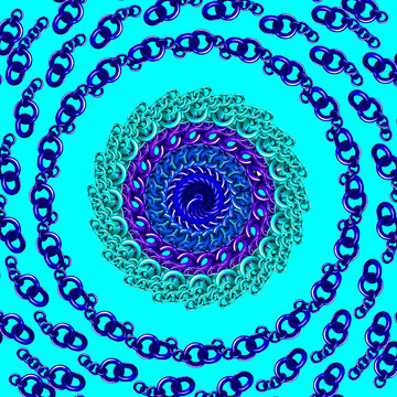 Abstract circular pattern made of blue metallic chain links forming concentric circles
