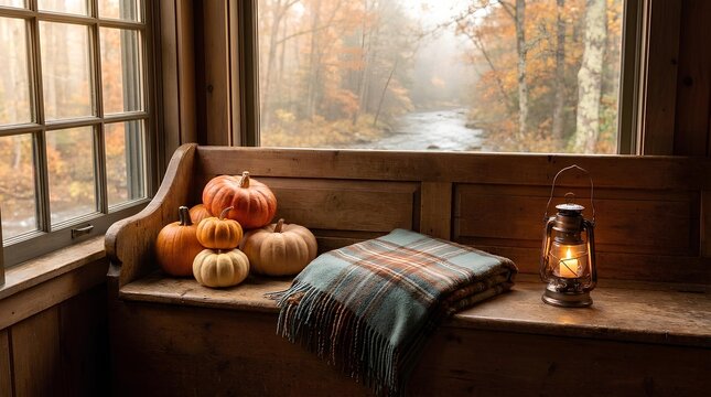 Cozy window seat with pumpkins, lantern, and blanket overlooking a misty autumn forest.