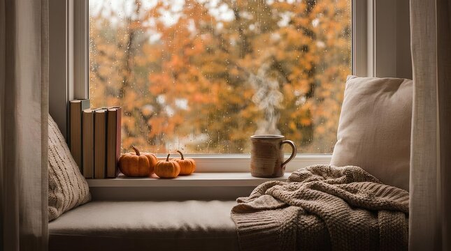 Cozy window seat with autumn view and pumpkins.