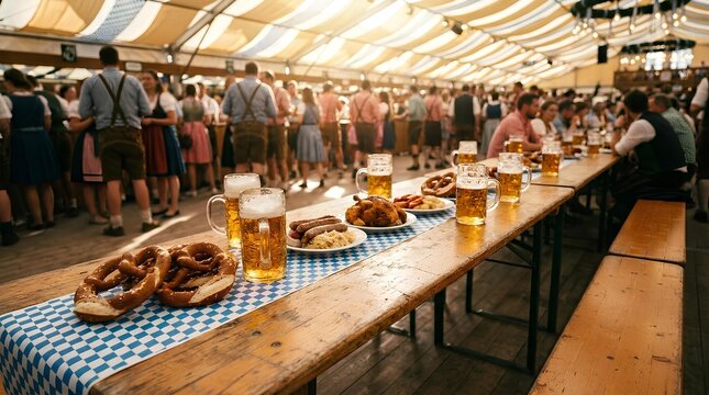 Crowd celebrating at Oktoberfest with beer mugs on wooden tables.