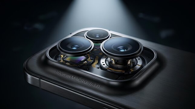 Extreme close up of a multi lens smartphone camera system on a dark metallic body.