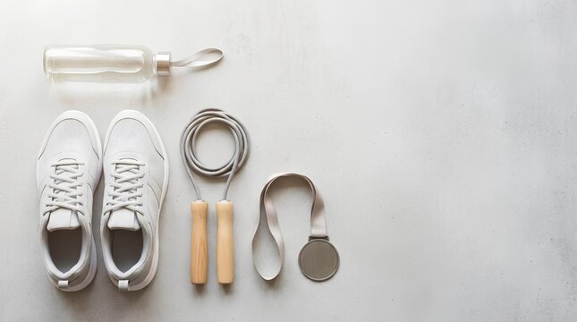 Fitness gear flat lay with sneakers and medal.