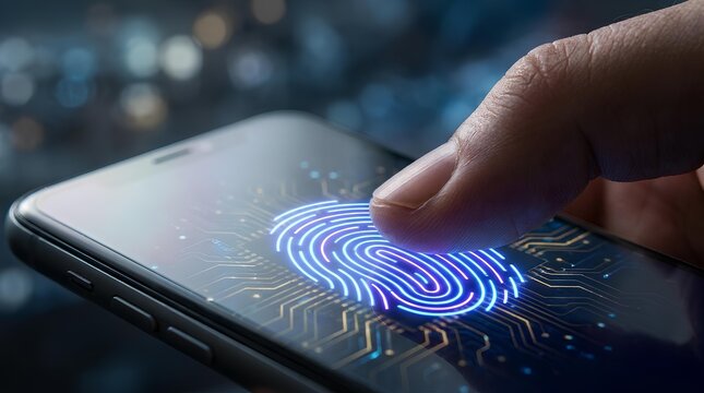 Fingerprint recognition scanning on glowing blue smartphone screen interface.
