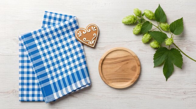 Flat lay of blue cloth, wooden plate, and hops.