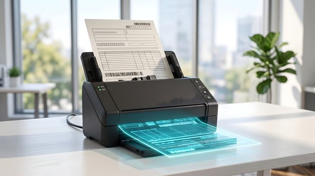 Modern office document scanner digitizing paper records into glowing digital holograms, symbolizing paperless office and digital transformation