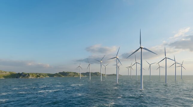 3D render of a breathtaking seascape featuring a vast wind turbine farm located in the sea near Denmark with multiple turbines rising from the water their blades spinning gracefully in the wind
