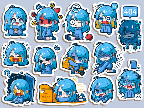A cute blue-haired chibi girl sticker collection showing chaotic emotions and funny reactions, including crying, anger, confusion, exhaustion, frustration, sadness, glitching, and &ldquo;404&rdquo; error moment