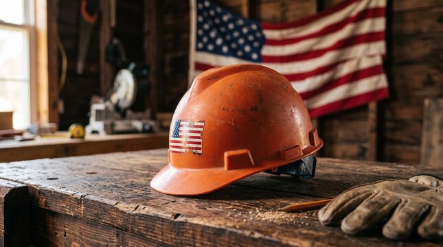 Orange construction hard hat with American flag, patriotic safety helmet in wood workshop, labor day concept with US flag