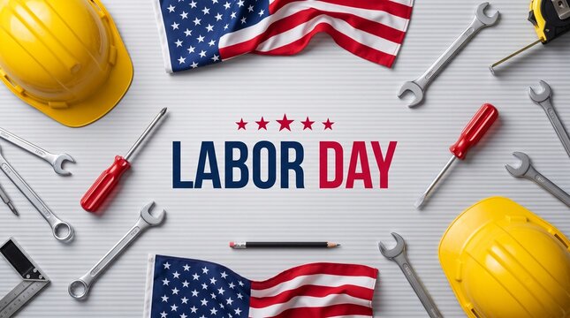 Labor Day celebration banner with construction tools, American flags and yellow hard hats on white background, patriotic worker holiday concept